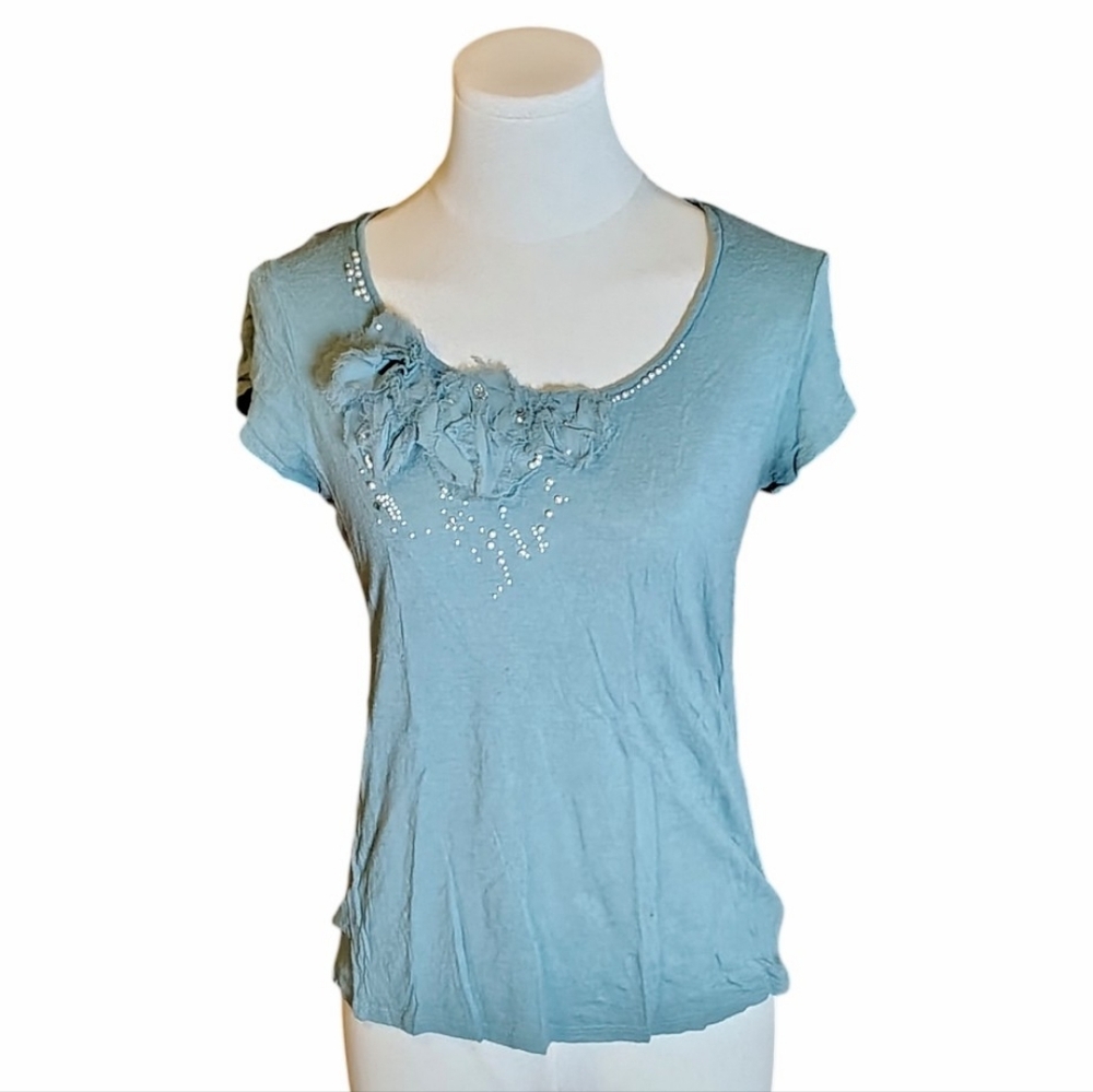 Vintage Ann Taylor Sage Green Tee With Pearls Rhinestone Flower Neck Size Medium